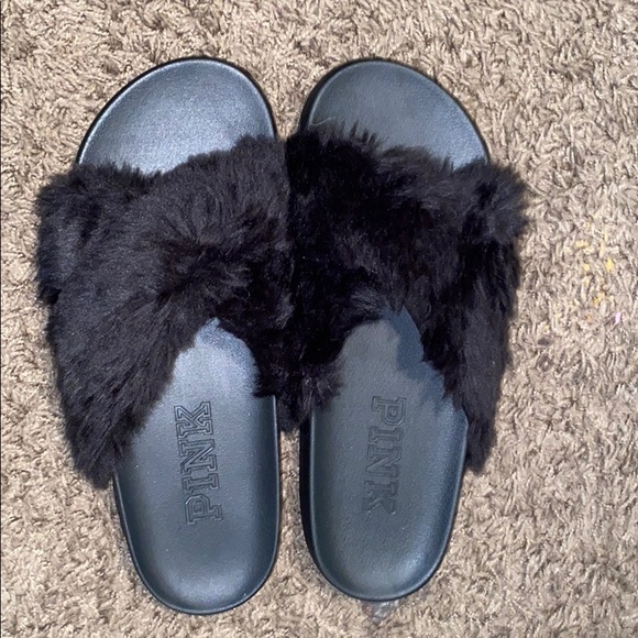 PINK Victoria's Secret Shoes - black furry vs pink slides size 8